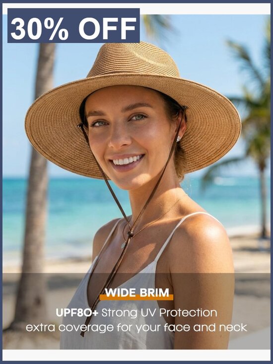 Wide Brim Straw Fedora Sun Hat with Wind Lanyard UPF 80+ main image 7
